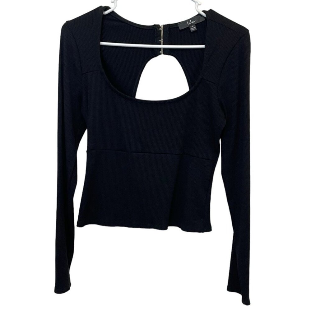 Lulus Women's Long Sleeve Ribbed Cut Out Crop Top Plunge Neck Hook Eye size M